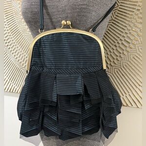 Unique Black & Blue Striped Ruffle Clasp Layered Statement Purse